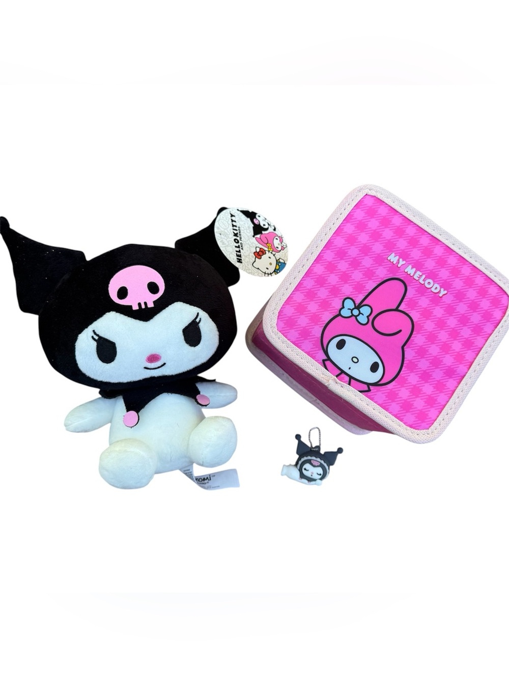 Sanrio Kuromi Plush Mini My Melody Container Storage & Lolita Keychain Bundle